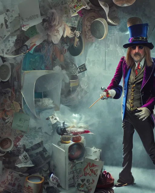 Image similar to tom petty as the mad hatter, contrast, kim jung gi, greg rutkowski, zabrocki, karlkka, jayison devadas, trending on artstation, 8 k, ultra wide angle, zenith view, pincushion lens effect