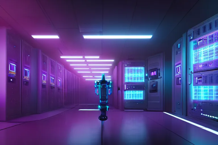 Image similar to realistic robot in a data server room, neon and dark, purple and blue color scheme, dan mumford, inception, blade runner, the fifth element, fisheye, volumetric octane render, by ruan jia and ross tran, malevich