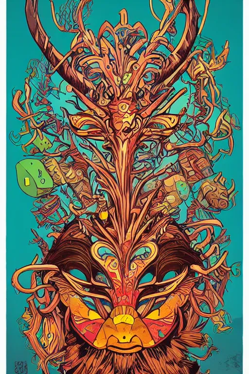 Image similar to animal mask totem roots flower tribal feather gemstone plant wood rock shaman vodoo video game vector cutout illustration vivid multicolor borderlands comics by josan gonzales and dan mumford radiating a glowing aura