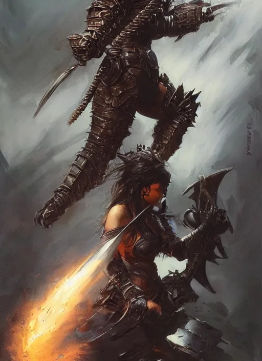 Prompt: A full portrait of a beautiful armored berserker woman, dragging an oversize Gothic claymore into battle, by Frank Frazetta, Greg Rutkowski, Boris Vallejo, epic fantasy art, Exquisite detail, post-processing, masterpiece, cinematic