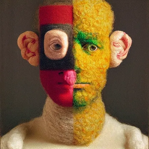 Prompt: portrait photo of a wool sock with face made from pixels and voxels and popcorn, Perfect face, extremely high details, realistic, by Giuseppe Arcimboldo, Edward Hopper, Rene Margitte