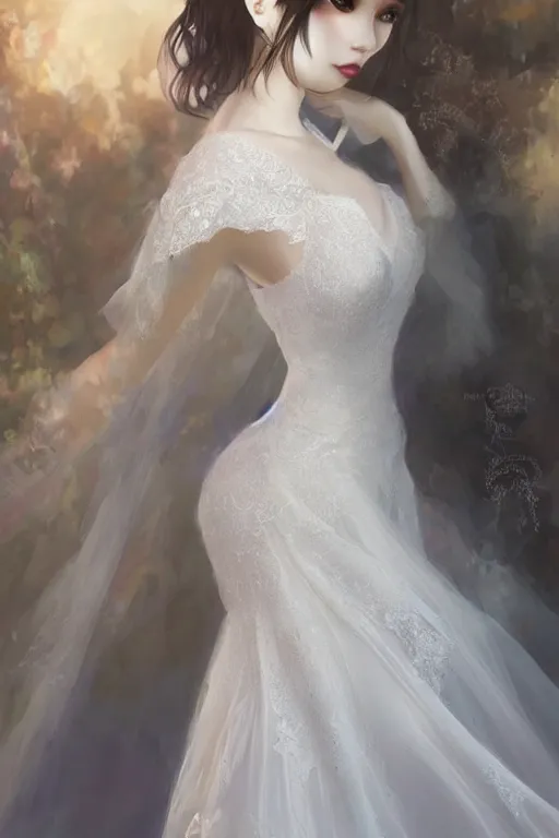 Prompt: Beauty in Wedding Dress with lace portrait by Artgerm and WLOP on pixiv