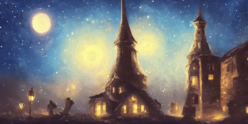 Image similar to stary night painting, artstation, tower, house, city