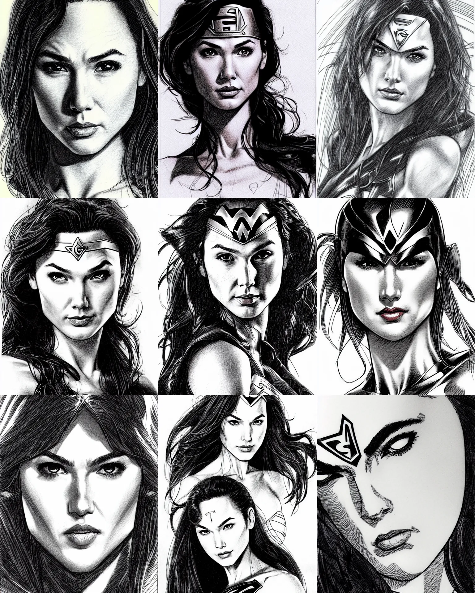 Prompt: jim lee!!! pencil sketch by jim lee close up headshot of gal gadot as superhero in the style of jim lee, x-men superhero comic book character by jim lee