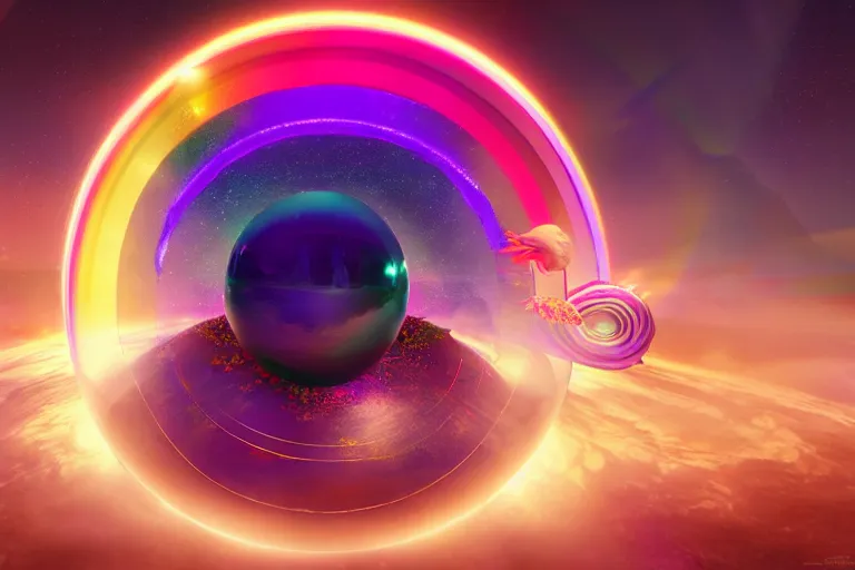 Prompt: a god dissolving into a new universe and then folding itself into a sphere which becomes a rainbow beacon signalling the arrival of a new goddess, in the style of wlop, illustration, epic, fantasy, hyper detailed, smooth, unreal engine, sharp focus, ray tracing