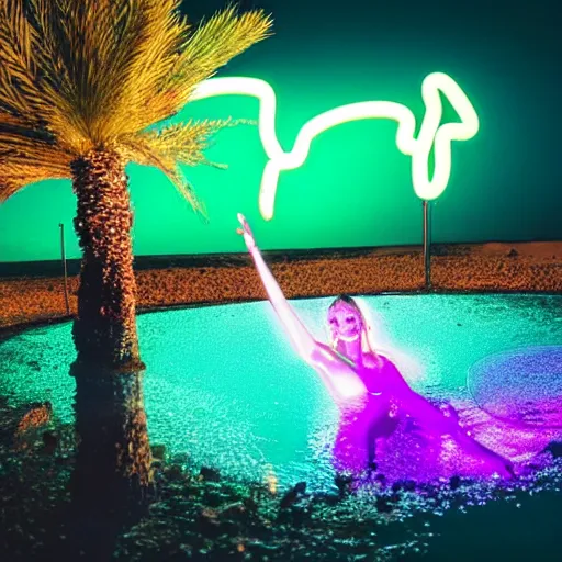 Image similar to 4 k polaroid wide angle photo of a glowing giant steel shiny reflective woman statue dancing, half submerged in water, in a desert oasis lake, at dusk, with neon lighting