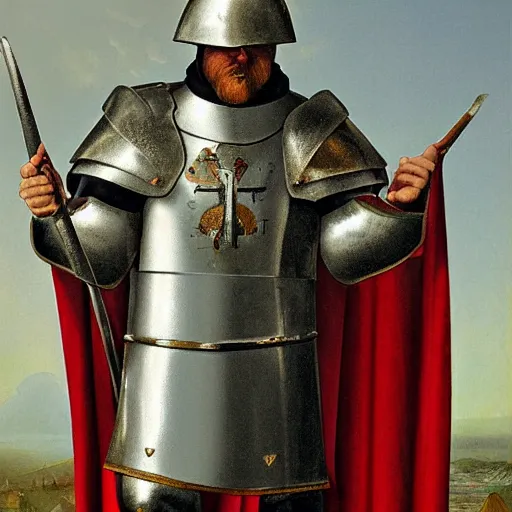 Prompt: man in 15 century decorated crusader armor and cape with crusader insignia oil painting realistic high detail