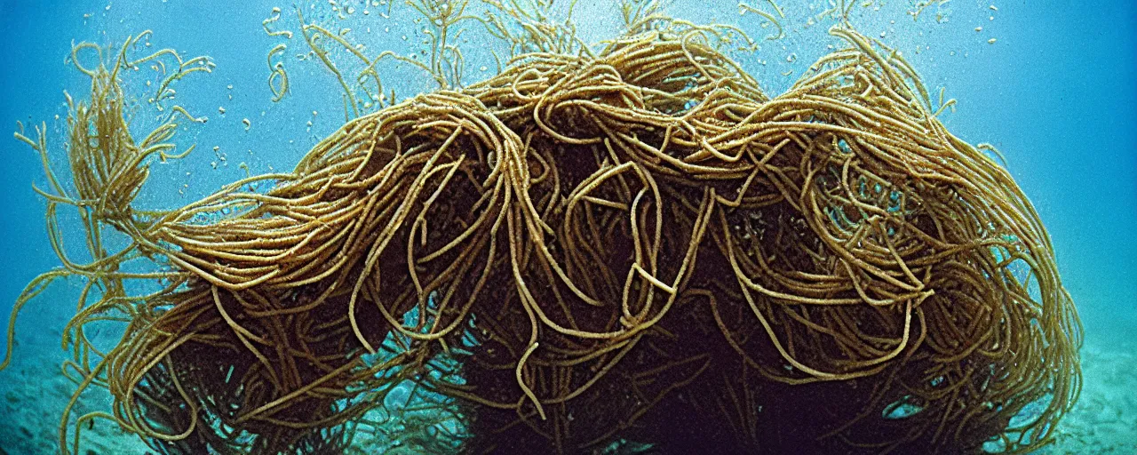 Prompt: spaghetti growing underwater like seaweed, canon 5 0 mm, in the style jacques cousteau, kodachrome