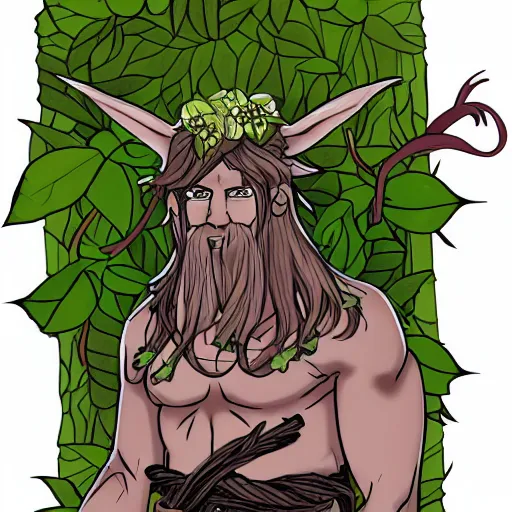 Image similar to male firbolg druid with vines and hibiscus flowers as hair simple drawing, comic style