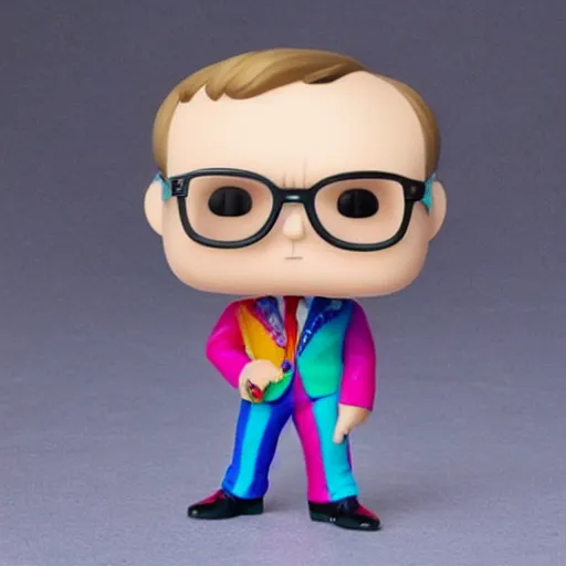 Prompt: a Funko Pop collectible of Elton John. big glasses. dressed in bright clothes