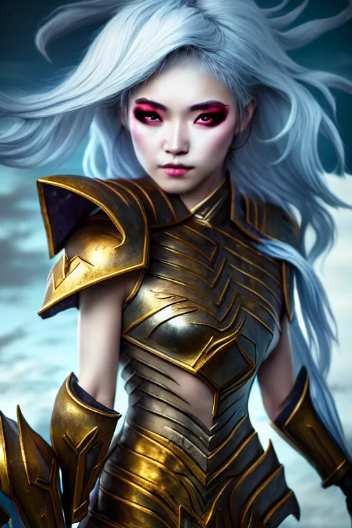 Prompt: sakimi chan, fantasy armor, detailed face, white skin, dramatic lighting, tony sart, unreal engine, wind, lightning