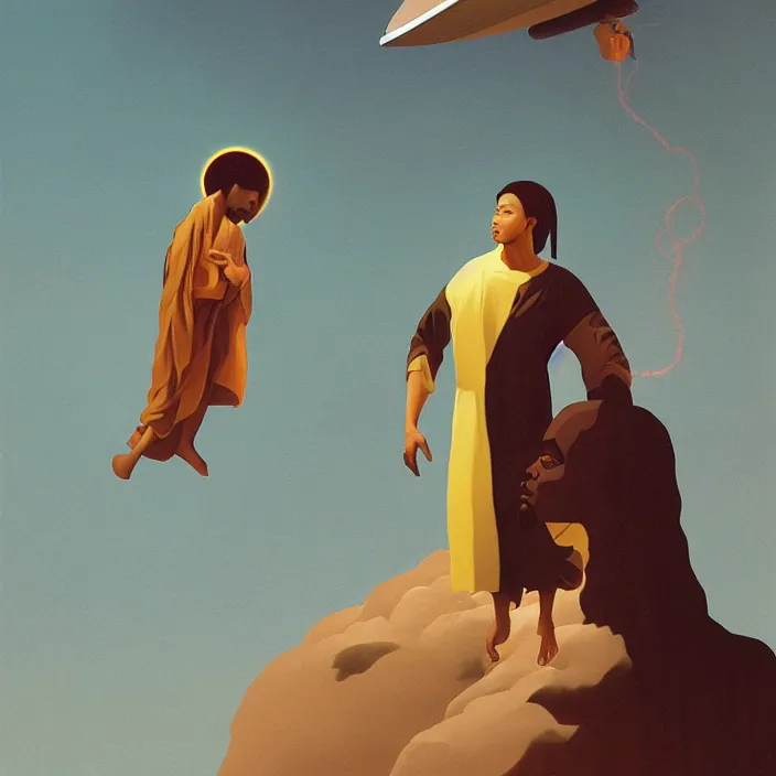 Prompt: a UFO, hovering over an African Jesus, painting by Hsiao-Ron Cheng,