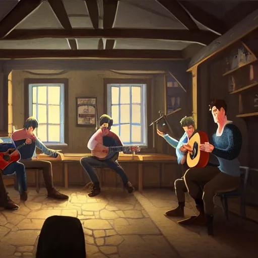 Image similar to five irishmen in aran sweaters singing in a pub, one is playing an acoustic guitar, highly detailed, digital painting, concept art, sharp focus, by makoto shinkai