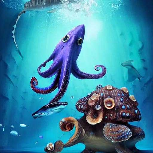 Image similar to an amazing underwater shot of a blue spotted octopus selling snail shells to a shark, trending on artstation cgsociety, award winner, highly detailed, cinematic.