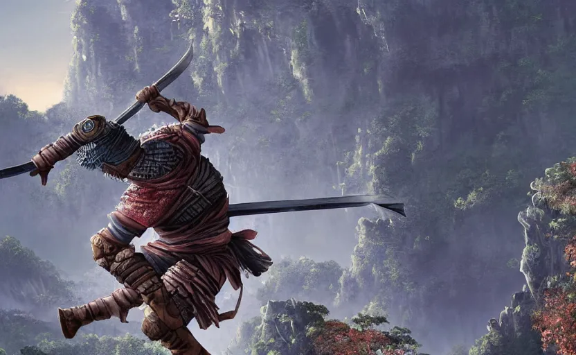 Image similar to highly detailed digital illustration of shinobi warrior jumping from the roof of old, ruined, japanese fort from sengoku period, surrounded by dense rock formations, high in mountains, cinematic lighting, photobash, raytracing, volumetric lighting