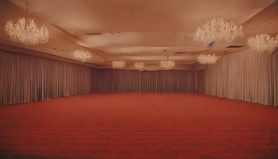 Prompt: 70s movie still of a ballroom with a very high ceiling, cinestill 800t Technicolor, heavy grain, high quality, criterion collection, liminal space style