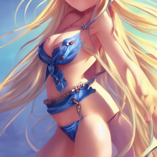 Image similar to a very beautiful mature yuuki asuna, full body, long wavy blond hair, sky blue eyes, full round face, bikini, miniskirt, front view, mid - shot, cute pose, highly detailed, cinematic wallpaper by stanley artgerm lau