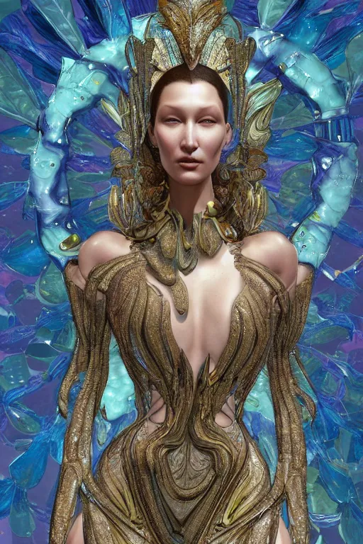 Prompt: a highly detailed painting of a beautiful alien goddess bella hadid in iris van herpen dress schiaparelli in diamonds in style of alphonse mucha art nuvo trending on artstation made in unreal engine 4