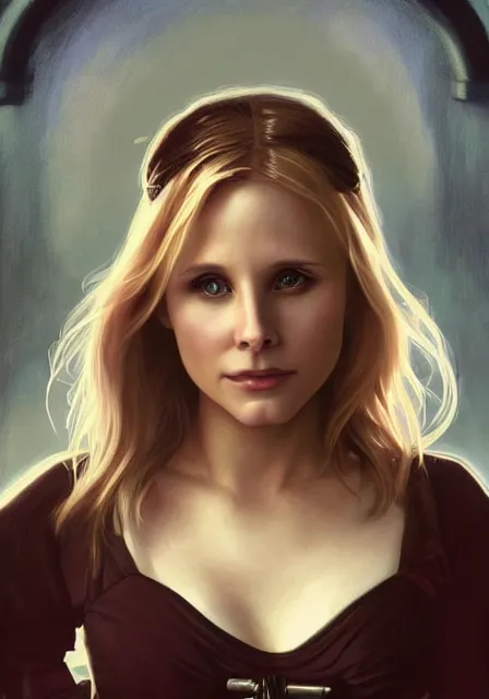 Image similar to kristen bell as buffy the vampire slayer, intricate, elegant, highly detailed, digital painting, artstation, concept art, smooth, sharp focus, illustration, art by artgerm and greg rutkowski and alphonse mucha and william - adolphe bouguereau