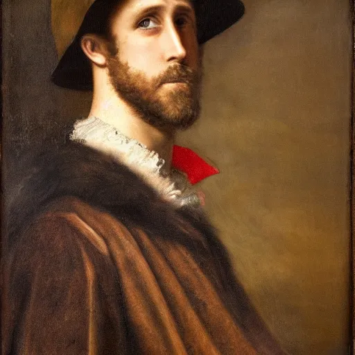 Prompt: an oil paining by Titian of ryan gosling wearing a red hat, and a dark cloak with a fur collar. He is looking to the side, and his expression is serious. The background is a blur, and the colors are muted.