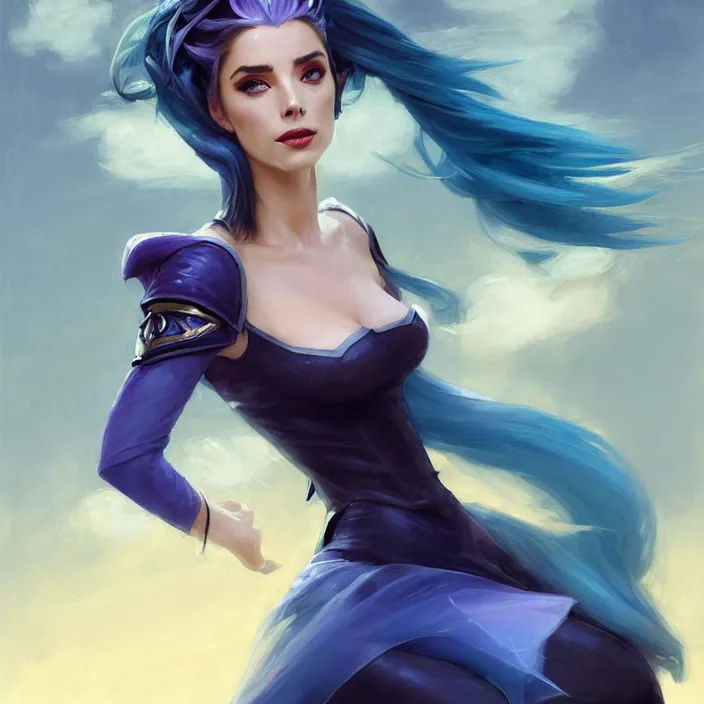 Image similar to portrait of a combination of Ashley Greene, Adriana Dxim, Grace Kelly and Lily Collins with blue hair as Syndra from League of Legends, countryside, calm, fantasy character portrait, dynamic pose, above view, sunny day, thunder clouds in the sky, artwork by Jeremy Lipkin and Giuseppe Dangelico Pino and Michael Garmash and Rob Rey and Greg Manchess and Huang Guangjian, very coherent asymmetrical artwork, sharp edges, perfect face, simple form, 100mm