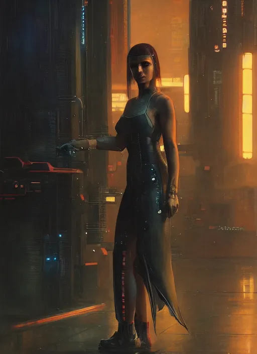 Image similar to Cyberpunk woman in futuristic clothes (blade runner 2049, cyberpunk 2077). Orientalist portrait by john william waterhouse and James Gurney and Theodore Ralli and Nasreddine Dinet, oil on canvas. Cinematic, hyper realism, realistic proportions, dramatic lighting, high detail 4k