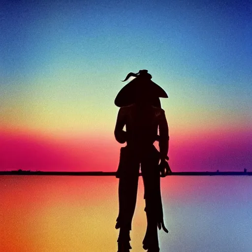 Image similar to A beautiful photograph of a lone ranger, set against a backdrop of a beautiful sunset. by Karel Thole, by Piet Hein Eek colorful