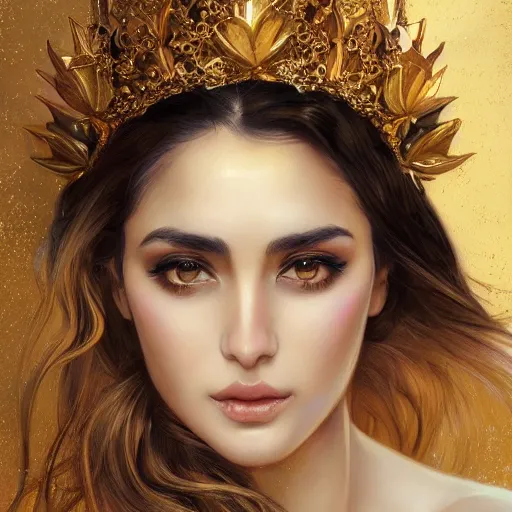 Image similar to Portrait of a Arabic Supermodel wearing a floral crown, porcelain skin, angry look, long dark hair, beautiful bone structure, shiny gold background, intricate, elegant, highly detailed, digital painting, artstation, concept art, smooth, sharp focus, illustration, art by artgerm and greg rutkowski and alphonse mucha