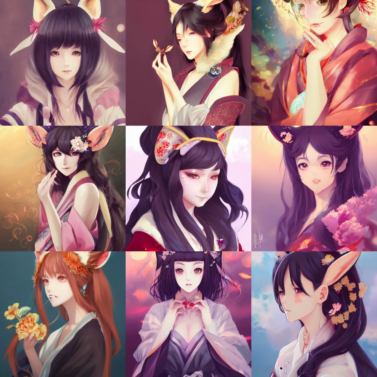 Prompt: A beautiful anime-style digital concept portrait of a beautiful woman with fox ears wearing a kimono, by Stanley Artgerm Lau, WLOP, Rossdraws, LeraPi, and Sakimichan, trending on ArtStation, deviantart, SFW version