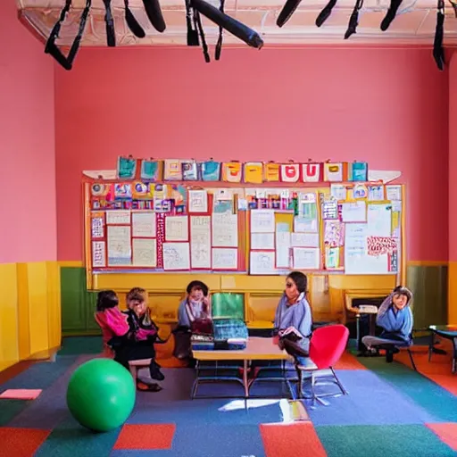 Prompt: a cool school reception, wes anderson style