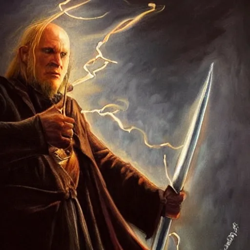 Prompt: Saurom from Lord of the Rings as a wizard in Harry Potter, fighting Lord Voldemort, dramatic lighting, oil painting, highly detailed