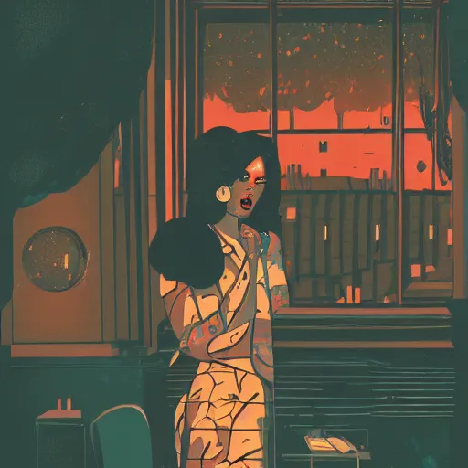 Prompt: a colorful comic noir illustration of a hauntingly beautiful woman singing the blues in new orleans by sachin teng, by queens of the stone age, dark vibes, pastel lighting, cinematic, depth of field, 8 k, high contrast