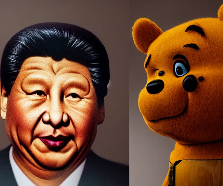 Image similar to hyperrealism movie still photography of real detailed high xi jinping with detailed face smoking detailed weed in detailed basement bedroom with high winnie the pooh hyperrealism photography by araki nobuyoshi