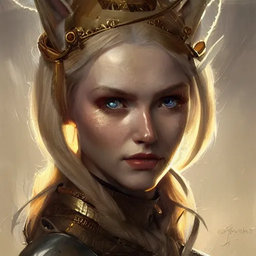 Image similar to A head-on detailed oil fantasy portrait of a pretty elf woman with small horns on her forehead, long blonde hair and bright copper irises, by greg rutkowski, trending on artstation, dungeon and dragons art