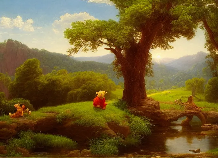 Image similar to american realist romanticism landscape painting of winnie the pooh characters in the style of hudson river school and thomas cole and albert bierstadt and robert duncanson