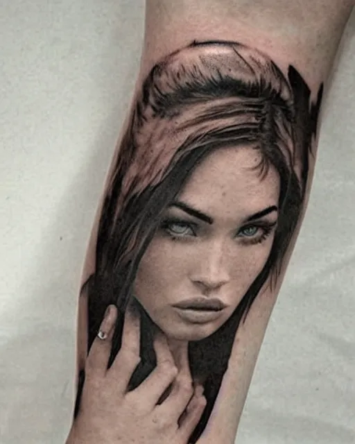 Image similar to creative double exposure effect tattoo design sketch of megan fox faded in beautiful mountain scenery, realism tattoo, in the style of matteo pasqualin, amazing detail, sharp