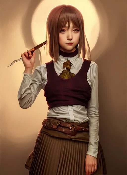 Image similar to portrait of a full body of beautiful young female detective, d & d, sleeveless turtleneck, pleated skirt, fantasy, flat lighting, intricate, highly detailed, digital painting, artstation, concept art, smooth, sharp focus, illustration, misa amane, art by simon bisley and greg rutkowski and alphonse mucha, natural tpose