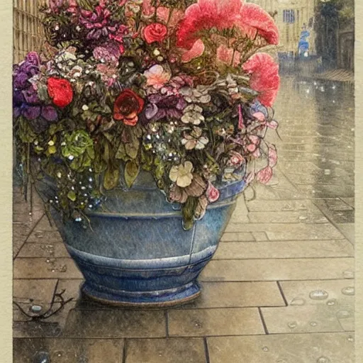 Image similar to a beautifull intricate watercolor painting of potted planter with flowers inside sitting on wet sidewalk, reflexions, raindrops, high details by william turner art, greg rutkowski and alphonse mucha, trending on artstation, very very detailed, masterpiece,