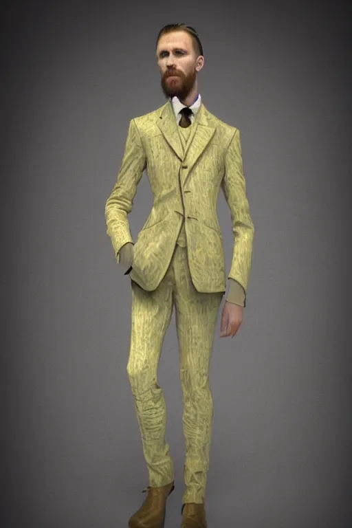 Prompt: unreal engine of 3 piece suit designed by Vincent van Gogh, stylish, creative fashion, ethereal lighting, dramatic