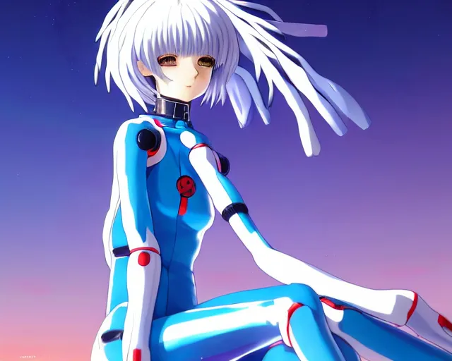 Image similar to anime art, fullbody shot of female rei ayanami, evangelion, long blue hair and large eyes, finely detailed perfect face, in a pale skintight plugsuit, sitting on rooftop, flooded city, trending on pixiv fanbox, by ilya kuvshinov, sola digital arts,, raytracing