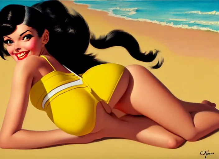 Image similar to the style of the artist gil elvgren, a girl with black hair, overwatch tracer, with a very beautiful symmetrical face, a smile on her face, tanned skin, in a yellow bikini, against the background of a sea beach, in art style, high detail, digital painting, hyperrealism