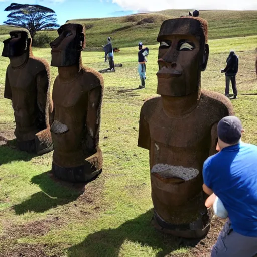 Prompt: photo of easter island natives installing the moai statues