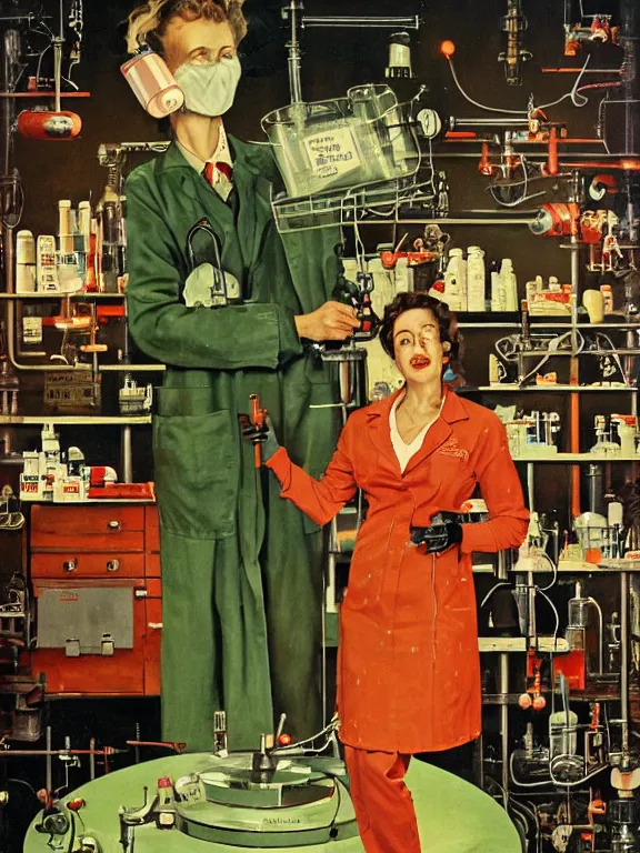 Prompt: A female mad scientist in a laboratory coat welding together a partially-built realistic retro robotic!!! man!!! in a suit, in a darkly lit laboratory room surrounded by test tubes and jars, 1950s horror film movie poster style, (Norman Rockwell oil painting), retro vintage, saturated pink and green lighting