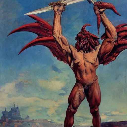 Prompt: Street art. a large, muscular demon-like creature with wings, standing in a dark, hellish landscape. The creature has red eyes and sharp teeth, and is holding a large sword in one hand. by Joaquín Sorolla, by Ken Kelly kaleidoscopic