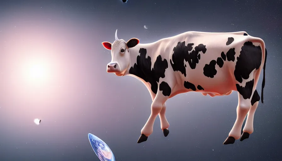 Prompt: Cow floating in space, hyperdetailed, artstation, cgsociety, 8k