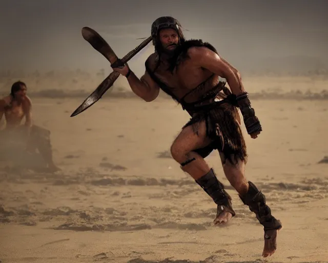 Image similar to spartan sprinting on australian beach, epic award winning action cinematic still from the movie 3 0 0, noon lighting, unarmed