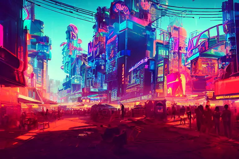 Image similar to a dreamlike cyberpunk city sit in the very far future, neon signs, shops and bars, floating buildings, glowing neons, synthwave, slightly abstract, rich deep colors, 4 k, realistic photography, flying cars in the distance, robot humanoids, anthropomorphic vehicles, fantasy setting, brilliant dreamy lighting, 8 0 s vibe, morning, blue sun