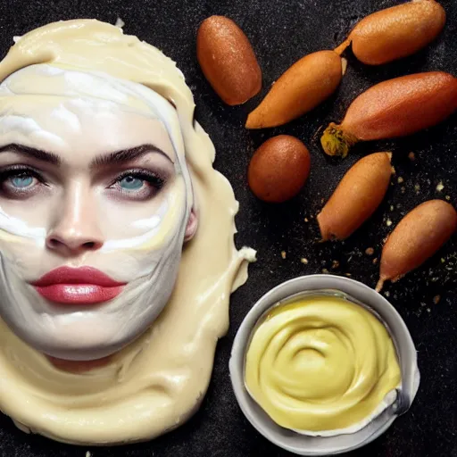 Image similar to mayonnaise in the shape of a human face, human face made out of mayonnaise, megan fox made out of mayonnaise!!!!!, white face paint, professional food photography, unreal engine, by giuseppe arcimboldo