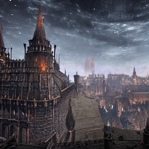 Prompt: A sprawling view of Anor Londo, Dark Souls in a starry night