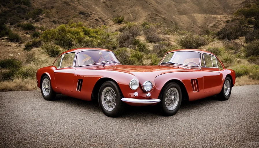 Image similar to photograph, 1958 FERRARI 250 GT, by Pete Biro, Peter Singhof, press release, cinematic, malibu canyon, 8k, depth of field, bokeh. rule of thirds, copper paint